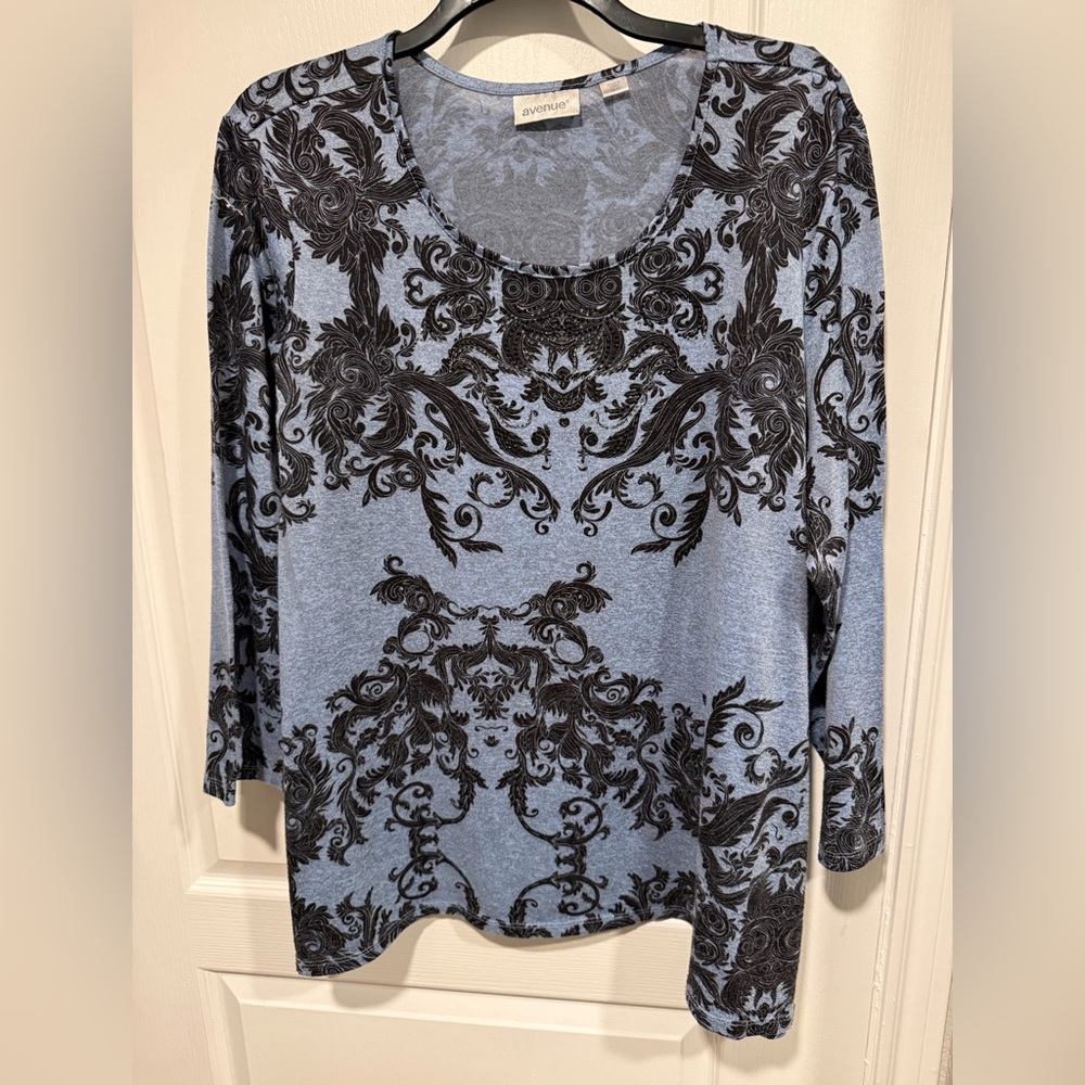 Avenue Blue and Black Patterned Women's Top